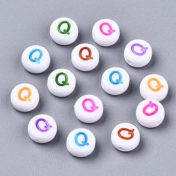 Opaque White Acrylic Beads, Flat Round with Mixed Color Letter, Letter.Q, 7x3.5mm, Hole: 1.2mm, about 4000pcs/500g