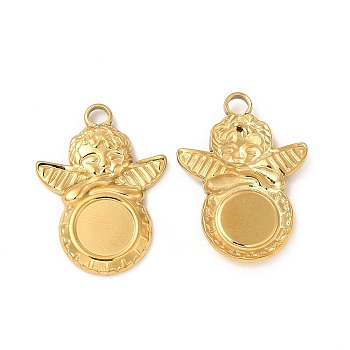 Ion Plating(IP) 304 Stainless Steel Pendant Cabochons Settings, Angel with Flat Round, Real 18K Gold Plated, Tray: 8mm, 25x18.5x2.5mm, Hole: 3mm