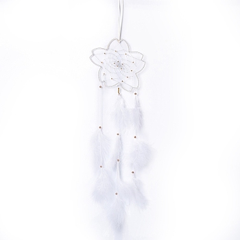 Handmade Flower Woven Net/Web with Feather Wall Hanging Decoration, with Beads & Cotton Thread, for Home Offices Amulet Ornament, WhiteSmoke, 610~670x155mm, Pendant: 530mm long