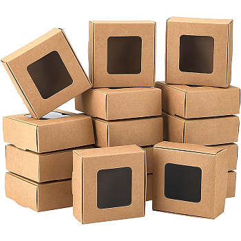 Cardboard Folding Box, Jewelry Gift Box, with Clear Window, Square, BurlyWood, 8.5x8.5x3.5cm