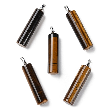Natural Tiger Eye Pendants, Column Charms with Platinum Plated Brass Snap on Bails, 40.8~42x10~10.5mm, Hole: 7.2x4.2mm