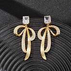 Brass Micro Pave Clear Cubic Zirconia Dangle Stud Earrings for Women, Rectangle & Bowknot, Real 18K Gold Plated, 55.5x27.5mm(EJEW-F418-25G)