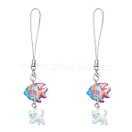 2Pcs Alloy Enamel & Handmade Porcelain Fish Cat Shape Mobile Straps, White, 116mm(HJEW-SW00271-01)