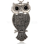 Tibetan Style Alloy Bird Large Pendants, with Resin, Owl, Antique Silver, Black, 91x45x5mm, Hole: 3mm(PALLOY-J127-01AS)