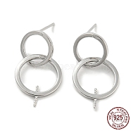 Rhodium Plated Double Rings 925 Sterling Silver Dangle Stud Earring Findings, for Half Drilled Beads, with S925 Stamp, Real Platinum Plated, 22x10mm, Pin: 10.5x0.7mm and 0.7mm(STER-Q192-27P)
