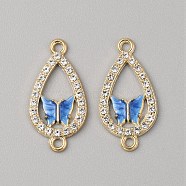 Alloy Enamel Connectors Charms, Teardrop Links with Butterfly, with Crystal Rhinestone, Light Gold, Blue, 26.5x13x2mm, Hole: 1.8mm(ENAM-TAC0016-06A)