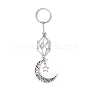 Brass Macrame Pouch Empty Stone Holder Pendant Keychains, with Iron Split Key Rings and Alloy Pendant, Moon, Antique Silver & Platinum, 12.8cm(KEYC-JKC00695)
