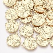 Brass Pendants, Flat Round with Constellations, Real 18K Gold Plated, Capricorn, 16x14x1~1.5mm, Hole: 1mm(KK-S352-01I)