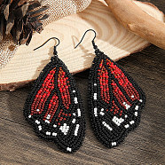 Bohemian Style Red Butterfly Wing Glass Bead Handmade Dangle Earrings, Black, 90x42mm(TT3969)