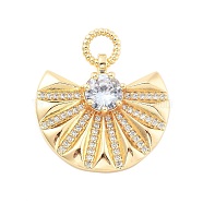 Brass Micro Pave Cubic Zirconia and Glass Pendants, Fan Charms, Real 18K Gold Plated, Clear, 27x25x5.5mm, Hole: 4mm(KK-L209-088G)