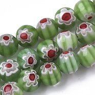 Handmade Millefiori Lampwork Beads Strands, Round, Olive Drab, 8mm, Hole: 1.2mm, about 48pcs/strand, 14.17 inch(36cm)(X-LAMP-R143-01D)