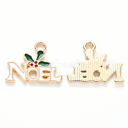 Alloy Enamel Pendants, for Christmas, Word Noel with Holly Leaves, Light Gold, White, 15x19x1.5mm, Hole: 2mm(X-ENAM-S121-114)