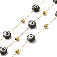 Ion Plating(IP) 316 Surgical Stainless Steel Paperclip Chains, with Evil Eye Glass Bead, Soldered, Real 18K Gold Plated, with Spool, Black, Link: 3x1x0.3mm(CHS-I019-03A)