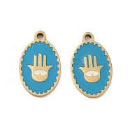 Ion Plating(IP) 316 Surgical Stainless Steel Pendants, Nickel Free, with Enamel, Real 18K Gold Plated, Oval with Hamsa Hand Pattern, Deep Sky Blue, 18x11x1.5mm, Hole: 1.6mm(STAS-U014-59G-02)