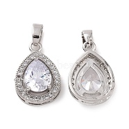 Brass Micro Pave Cubic Zirconia Pendants, with Glass, Teardrop Charm, Platinum, Clear, 18x12x6mm, Hole: 3x5mm(KK-E068-VC429)