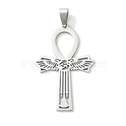 201 Stainless Steel Pendants, Ankh Cross with Wing Charm, Stainless Steel Color, 47x30x1.5mm, Hole: 8x4.5mm(STAS-U003-15P)