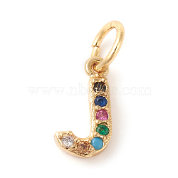 Brass Micro Pave Colorful Cubic Zirconia Charms, Golden, Letter.J, 9x5x2mm, Hole: 3mm(ZIRC-F092-01-J)