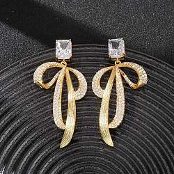 Brass Micro Pave Clear Cubic Zirconia Dangle Stud Earrings for Women, Rectangle & Bowknot, Real 18K Gold Plated, 55.5x27.5mm(EJEW-F418-25G)