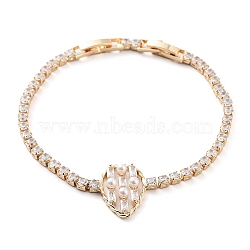 Teardrop Brass Micro Pave Cubic Zirconia Link Bracelets, with Plastic Pearl, Long-Lasting Plated, Golden, 7-3/4 inch(19.6cm)(BJEW-C055-01G)