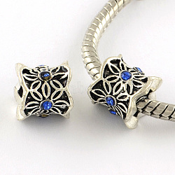 Antique Silver Plated Alloy Rhinestone Large Hole European Beads, Column with Flower, Sapphire, 9x10mm, Hole: 5mm(MPDL-R041-08B)