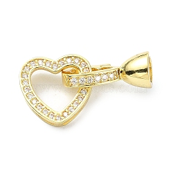 Rack Plating Brass Pave Clear Cubic Zirconia Fold Over Clasps, Long-Lasting Plated, Lead Free & Cadmium Free, Heart, Real 18K Gold Plated, 12.5x13x3mm(KK-M282-46G)