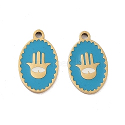 Ion Plating(IP) 316 Surgical Stainless Steel Pendants, Nickel Free, with Enamel, Real 18K Gold Plated, Oval with Hamsa Hand Pattern, Deep Sky Blue, 18x11x1.5mm, Hole: 1.6mm(STAS-U014-59G-02)