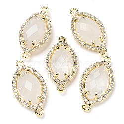 Natural Quartz Crystal Faceted Horse Eye Connector Charms, Rack Plating Brass Micro Pave Clear Cubic Zirconia Rock Crystal Links, Golden, 26.5~27x14x5mm, Hole: 1.6mm(G-G181-07G-09)