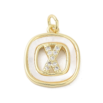 Rack Plating Brass Micro Pave Clear Cubic Zirconia Pendants, with Shell, Cadmium Free & Lead Free, Long-Lasting Plated, Real 18K Gold Plated, with Jump Ring, Letter X, 17.5x15x2.5mm, Hole: 3mm