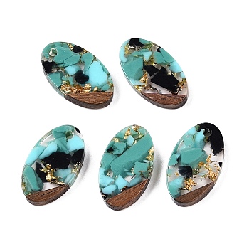 Transparent Resin and Walnut Wood Pendants, Oval Charms with Gold Foil, Pale Turquoise, 22x12.5x3.5mm, Hole: 2mm