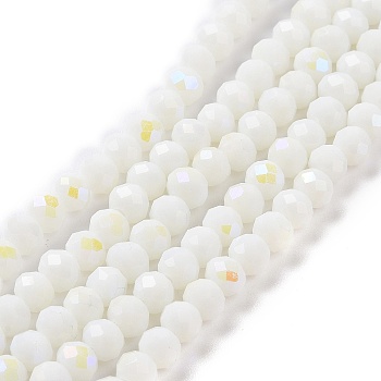 Electroplate Opaque Solid Color Glass Beads Strands, Half Rainbow Plated, Faceted, Rondelle, White, 8x6mm, Hole: 1mm, about 65~68pcs/strand, 15.7~16.1 inch(40~41cm)