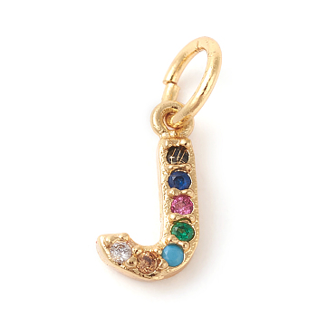 Brass Micro Pave Colorful Cubic Zirconia Charms, Golden, Letter.J, 9x5x2mm, Hole: 3mm