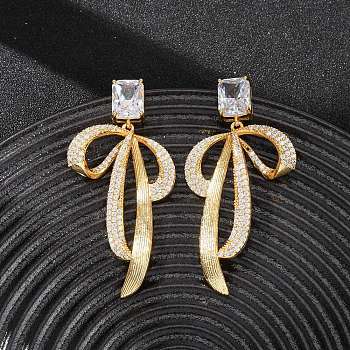 Brass Micro Pave Clear Cubic Zirconia Dangle Stud Earrings for Women, Rectangle & Bowknot, Real 18K Gold Plated, 55.5x27.5mm