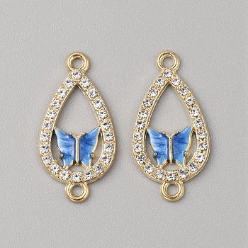 Alloy Enamel Connectors Charms, Teardrop Links with Butterfly, with Crystal Rhinestone, Light Gold, Blue, 26.5x13x2mm, Hole: 1.8mm