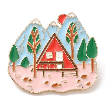 Enamel Pins, Light Gold Alloy Badge for Backpack Clothes, House in Forest, 31x34x2mm