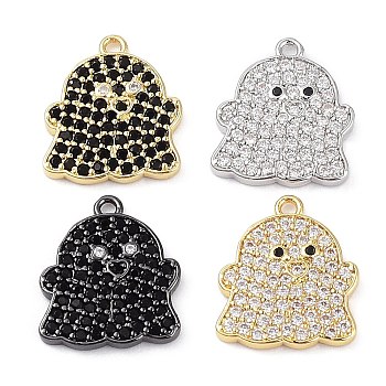Rack Plating Brass Cubic Zirconia Pendants, Lead Free & Cadmium Free, Long-Lasting , Ghost CharmCharm, Mixed Color, 16x14x1.8mm, Hole: 1.2mm