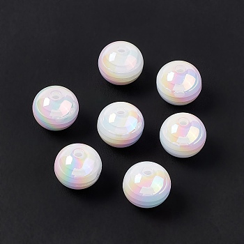 Opaque Acrylic Beads, AB Color, Round with Stripe Pattern, White, 16x14.5mm, Hole: 3mm