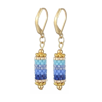 Glass Seed Braided Column Dangle Leverback Earrings, Golden 304 Stainless Steel Jewelry for Women, Cornflower Blue, 42.5mm, Pin: 1x0.6mm