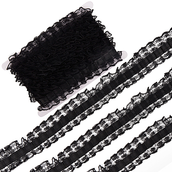 Gorgecraft 10 Yards Polyester Pleated Flower Lace Trim, Garment Accessories, Black, 1-3/4 inch(46mm), about 10 Yards(9.14m)/Set