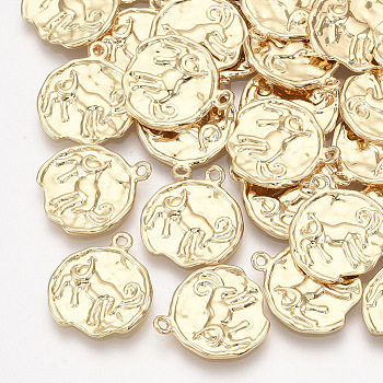 Brass Pendants, Flat Round with Constellations, Real 18K Gold Plated, Capricorn, 16x14x1~1.5mm, Hole: 1mm