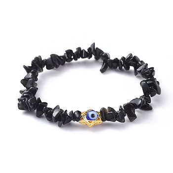 Chips Natural Black Stone Stretch Bracelets, with Lampwork Beads and Alloy Bead Frame, for Jewish, Star of David, 2-3/8 inch(6.2cm)