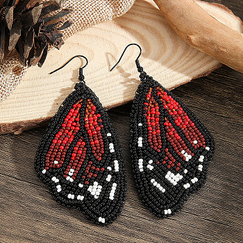 Bohemian Style Red Butterfly Wing Glass Bead Handmade Dangle Earrings, Black, 90x42mm