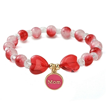Jewelry Gift for Mother's Day, Alloy Enamel Charm Bracelets, Round & Heart Twon Tone Glass Beaded Bracelet for Women, Deep Pink, Inner Diameter: 2 inch(5cm)