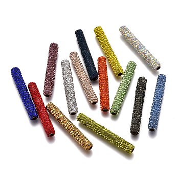 Polymer Clay Rhinestone Tube Beads, with Brass Findings, Mixed Color, 35~35.5x5~5.5mm, Hole: 2.5mm