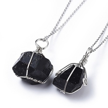 Natural Tourmaline Pendant Necklaces, with 304 Stainless Steel Cable Chains and Lobster Clasps, Packing Box, Black, 17.52 inch(44.5cm), 1.5mm