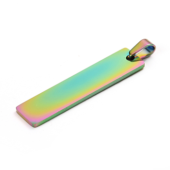 Ion Plating(IP) 304 Stainless Steel Pendants, Laser Cut, Stamping Blank Tag, Rectangle, Rainbow Color, 41x10x1.4mm, Hole: 6mm