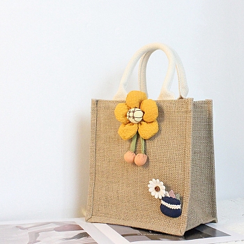 Jute Tote Bags Soft Cotton Handles Laminated Interior, with Cloth Flower Decoration and Handles, for Embroidery DIY Art Crafts, Reusable Grocery Bag Shopping Tote Bag, Dark Khaki, 35cm, 23x21x15.5cm, fold: 23x21x1.3cm
