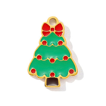 304 Stainless Steel Enamel Pendants, Christmas Tree Charms, Ion Plating(IP), Real 18K Gold Plated, Lime Green, 16x11mm