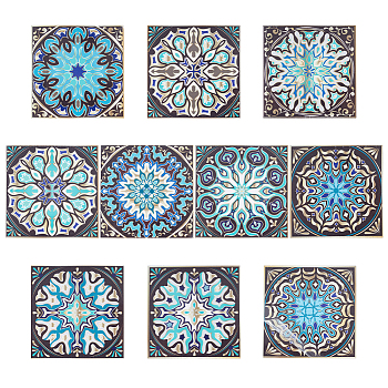 Peel and Stick Tile Stickers, PVC Plastic Self-Adhesive Wall Stickers, Waterproof Backsplash Tile Decals, Square with Mandala Flower Pattern, Easy to Clean, Mixed Color, 101x101x0.4mm, 10pcs/set