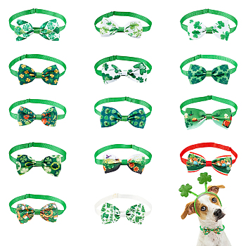 AHADEMAKER 14Pcs 14 Style Adjustable Cloth Pet Bow Ties, Pet's Collars, with Plastic Buckles, for Saint Patrick's Day, Mixed Patterns, 240~395mm, 1pc/style