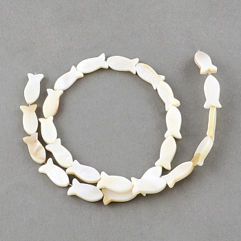 Natural Sea Shell Beads Strands, Fish, Creamy White, 16x8~9x3mm, Hole: 0.8~0.9mm, about 25pcs/strand, 14.9 inch